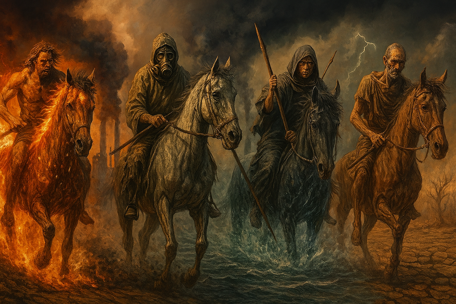 Die vier apokalyptischen Reiter der Bibel als moderne Katastrophen-Bringer: Hitze, Verschmutzung, Hochwasser und Dürre.