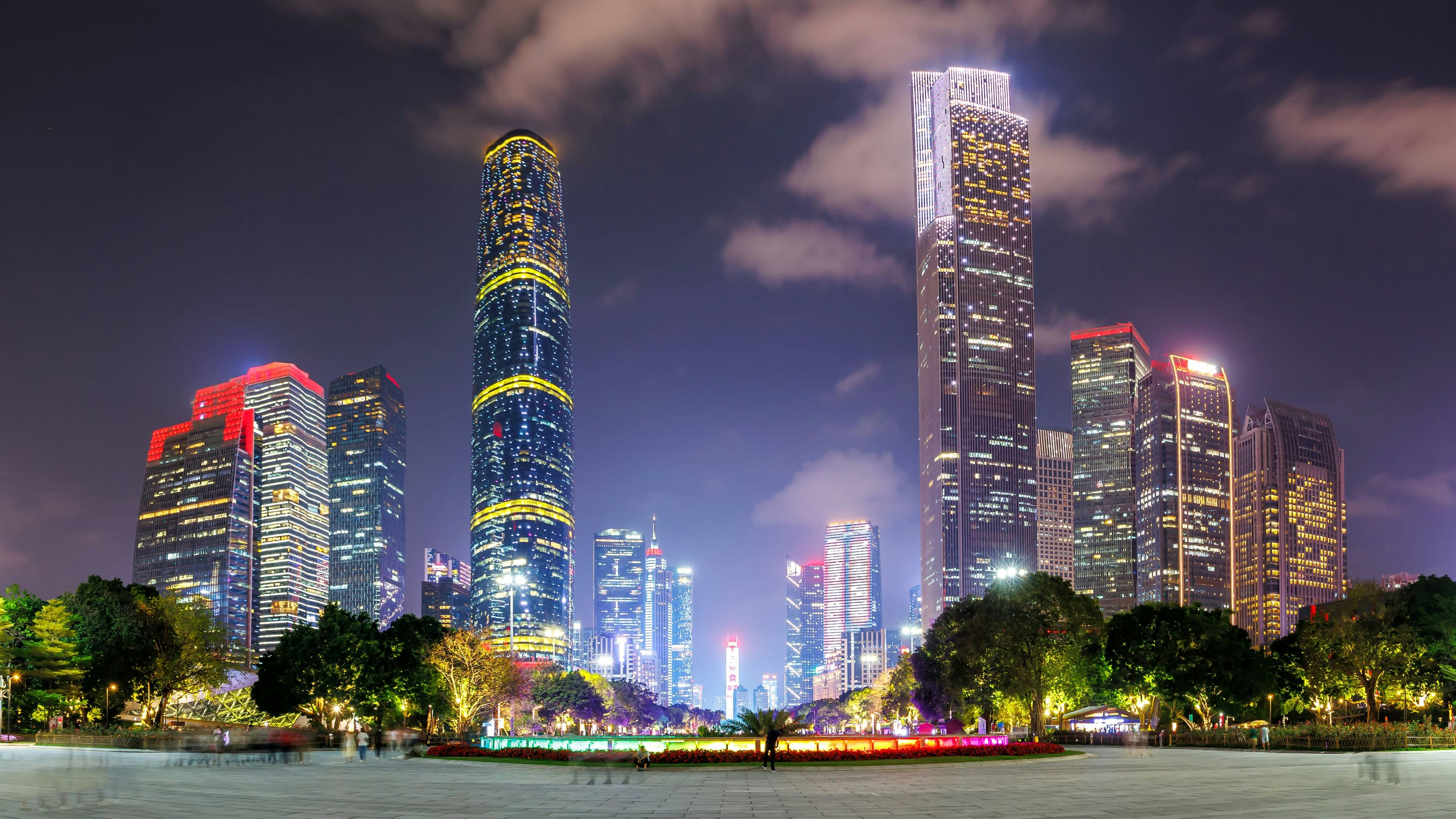 Guangzhou Canton skyline cityscape with skyscrapers buildings in downtown panorama at night in Guangzhou, China