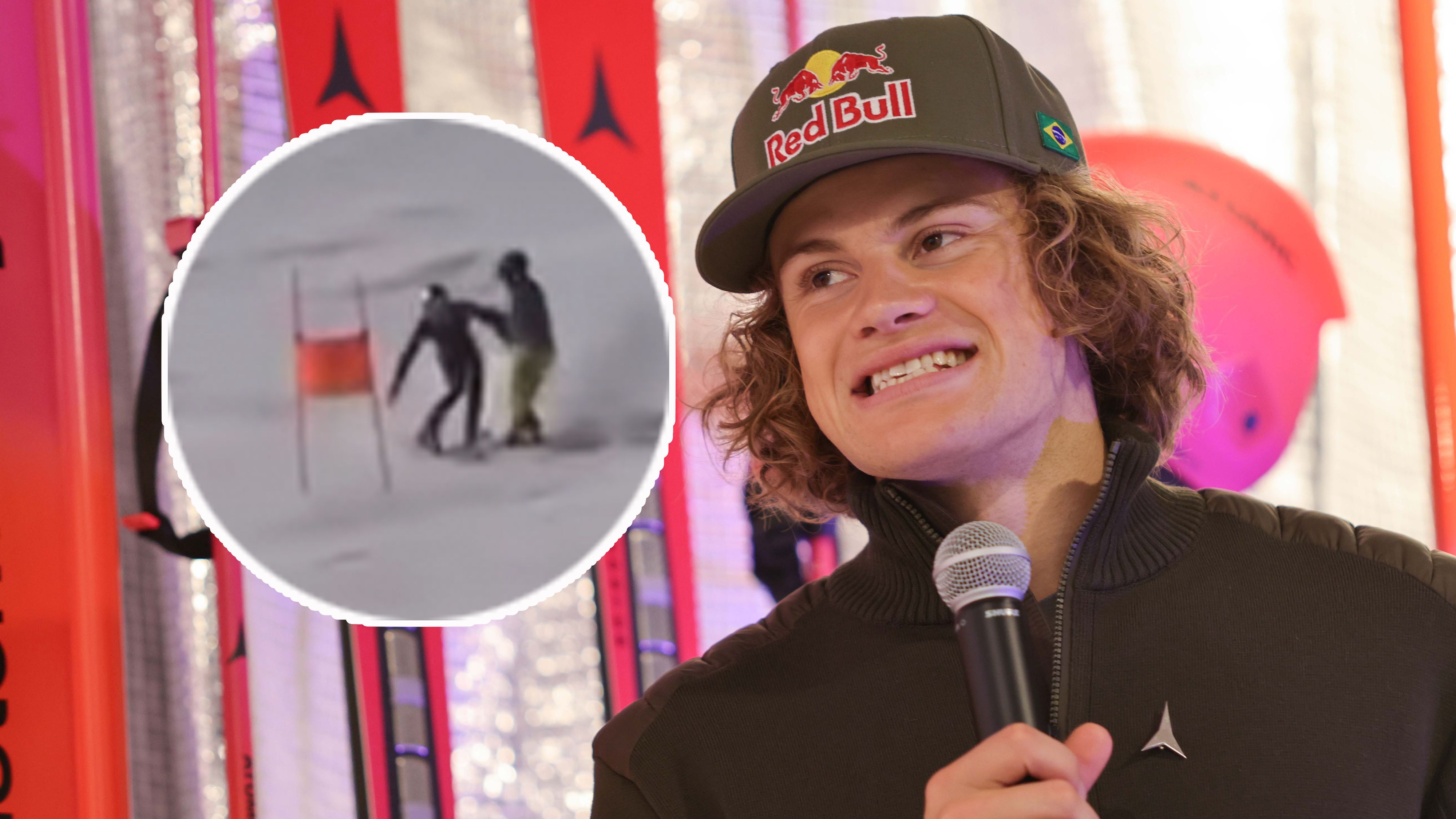 Lucas Pinheiro Braathen kollidiert fast mit einem Mann, der den Kurs im Training quert.