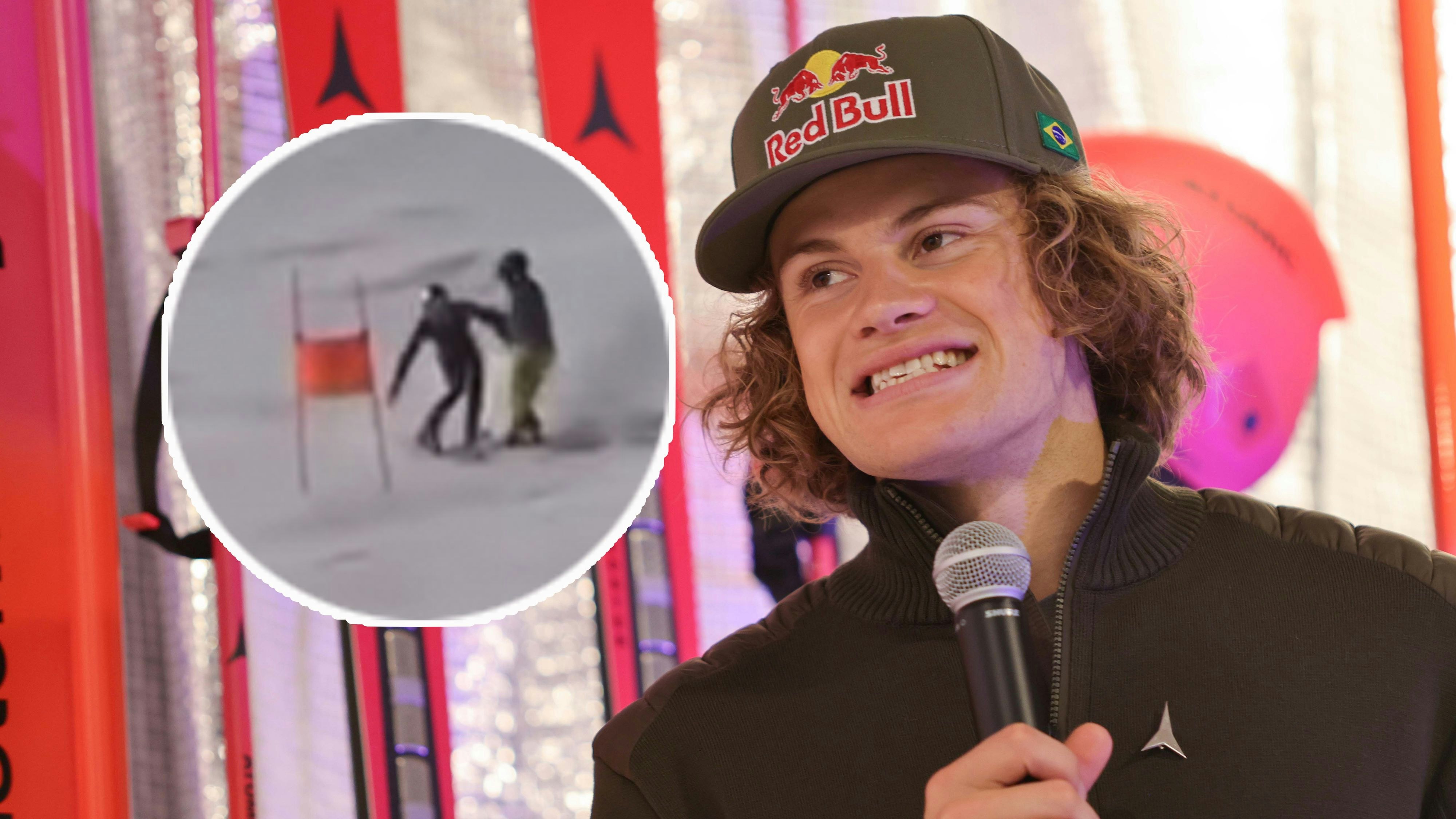 Lucas Pinheiro Braathen kollidiert fast mit einem Mann, der den Kurs im Training quert.