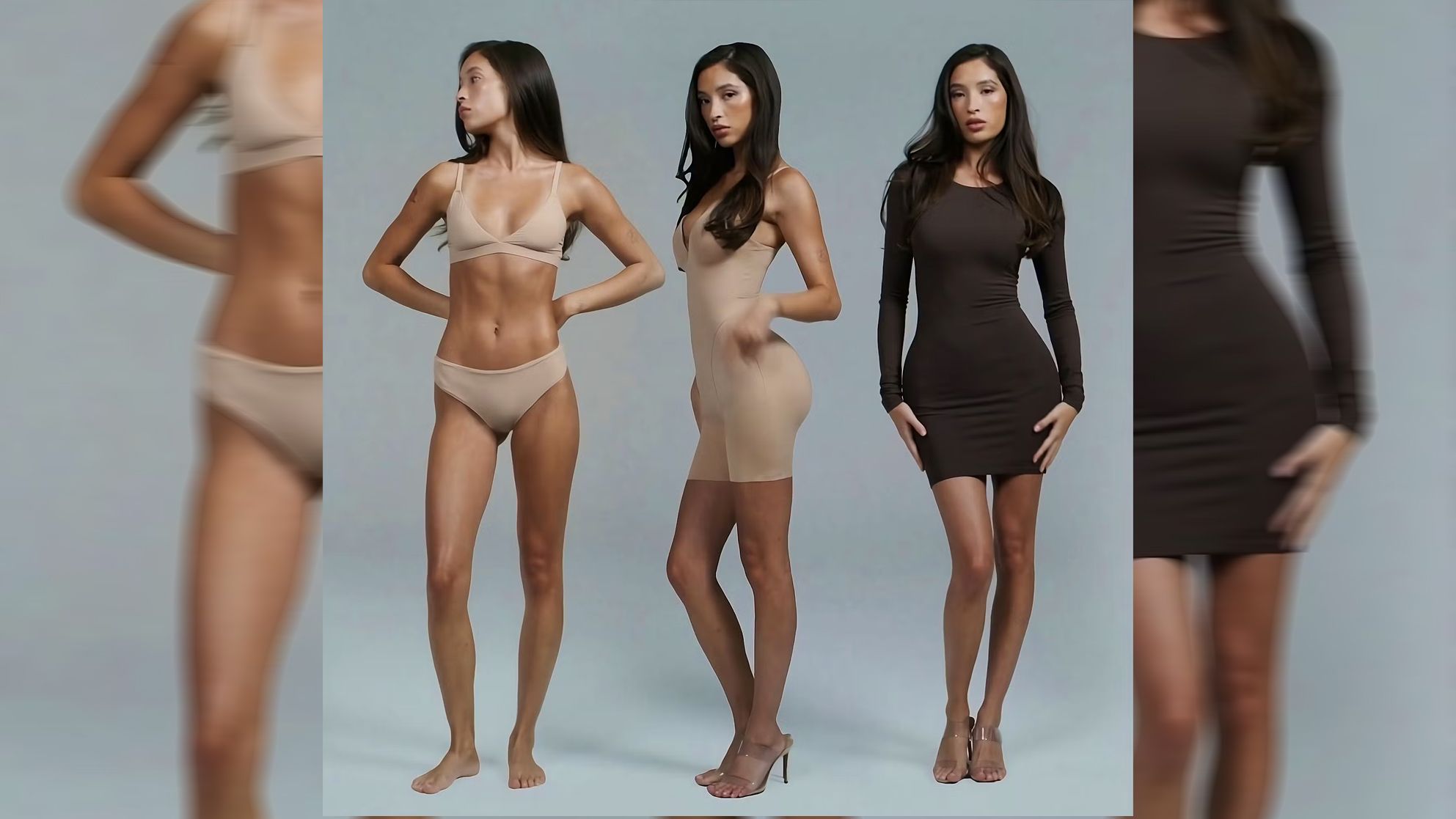 Schmalere Taille, mehr Hüften, Busen und Po: Mit solchen Vorher-Nachher-Fotos wird der neuste Wurf von Kim Kardashians Label Skims beworben.