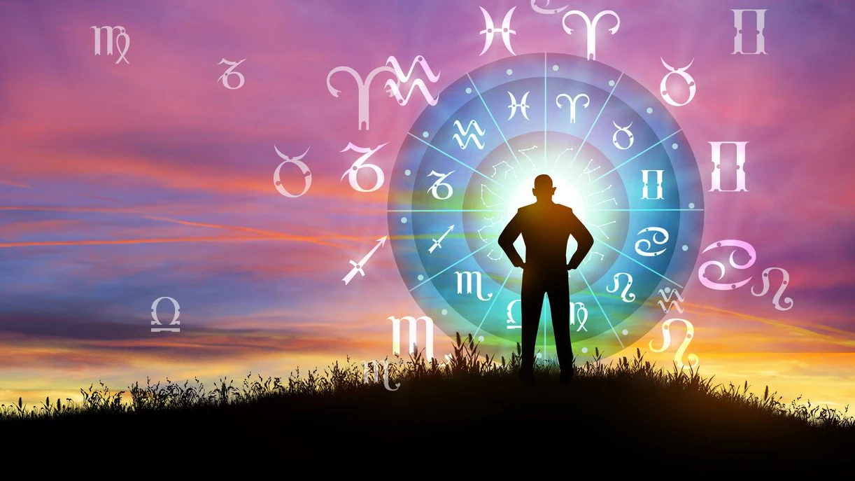 Astrological zodiac signs inside of horoscope circle. Illustration of Man silhouette consulting the Sun over the zodiac wheel and Sunrise background. The power of the universe concept.