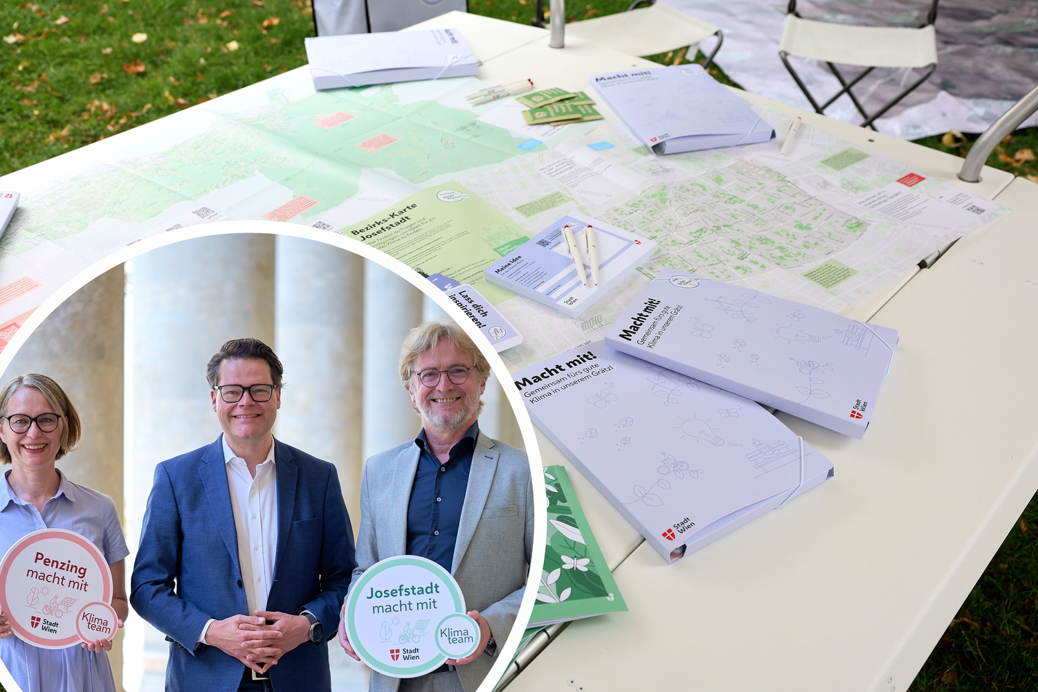 Klimateam mit Stadtrat Jürgen Czernohorszky, Bezirksvorsteherin Michaela Schüchner und Bezirksvorsteher Martin Fabisch.