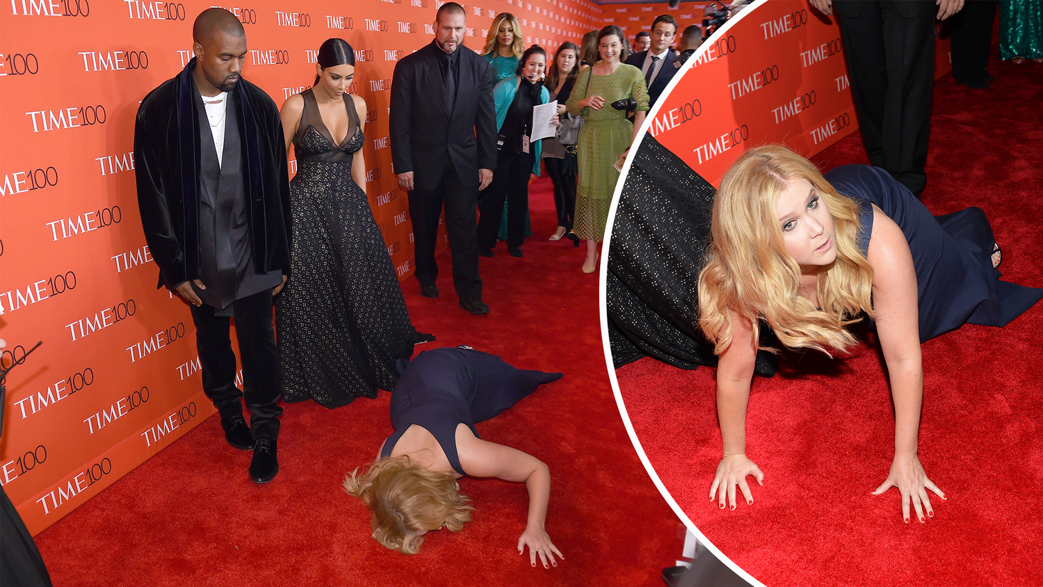 Komikerin Amy Schumer täuschte 2015 vor, zu stolpern und vor den Preisträgern Kim Kardashian (2. v. l.) und Kanye West (l.) zu Boden zu fallen.
