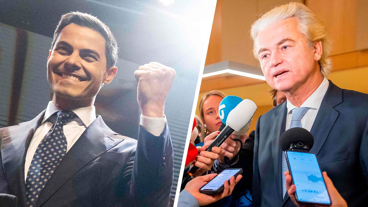 Rob Jetten (D66, l.) gilt schon jetzt als eigentlicher Sieger der Wahl. Geert Wilders' (r.) Partei PVV verliert massiv.