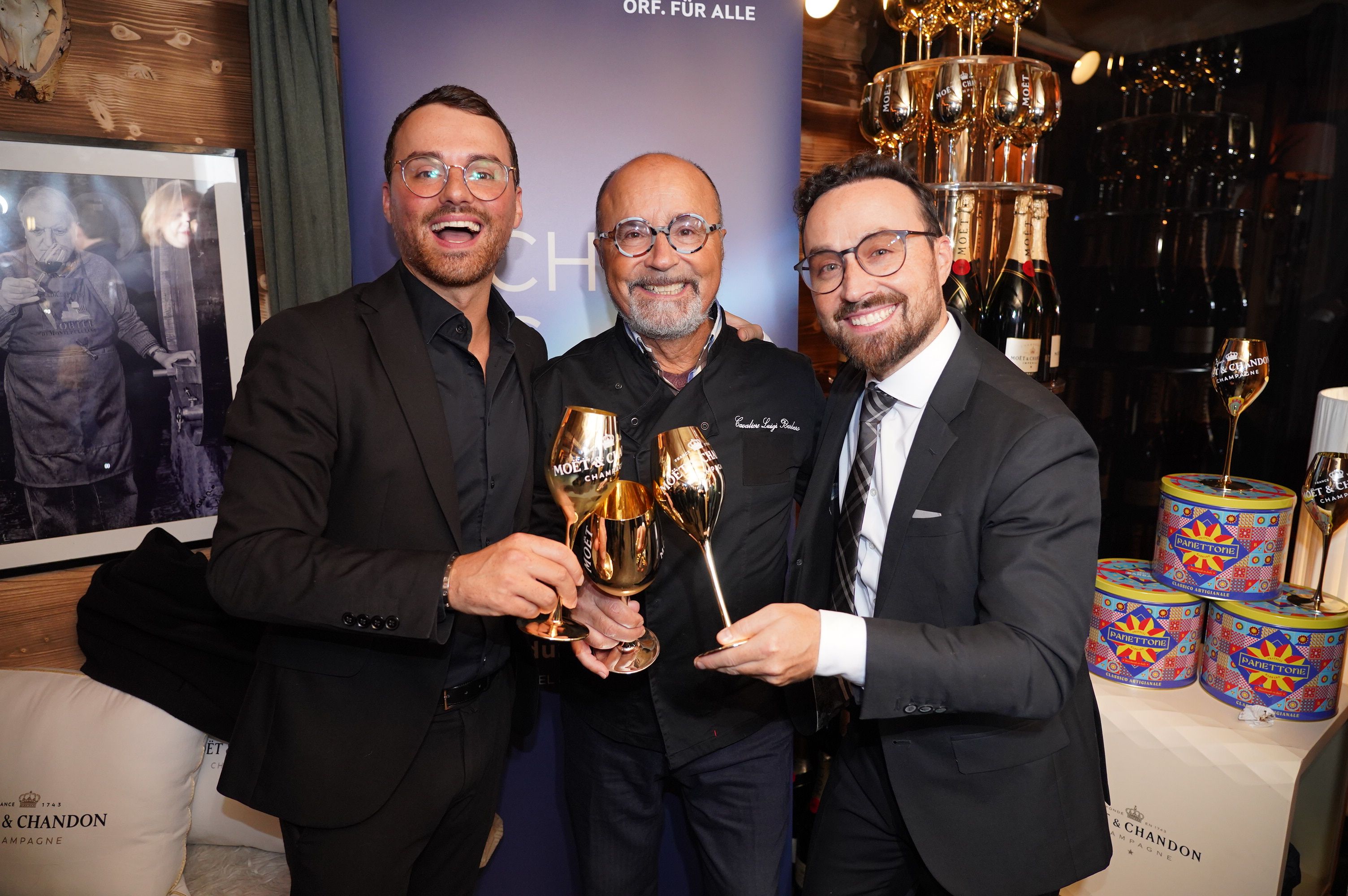 Luigi Jr. Barbaro, Luigi Barbaro und Antonio Barbaro luden zur Eröffnung ihres Winter-Chalets in die 