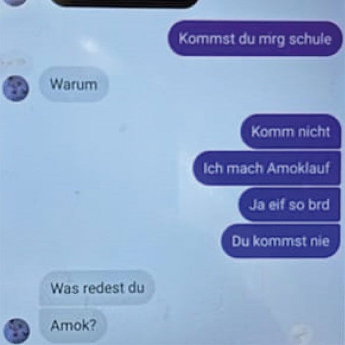 Bildschirmfoto einer Drohung aus Wien: "Ich mach Amoklauf", schrieb ein Schüler. Der Chat machte schnell die Runde, löste massive Angst aus.