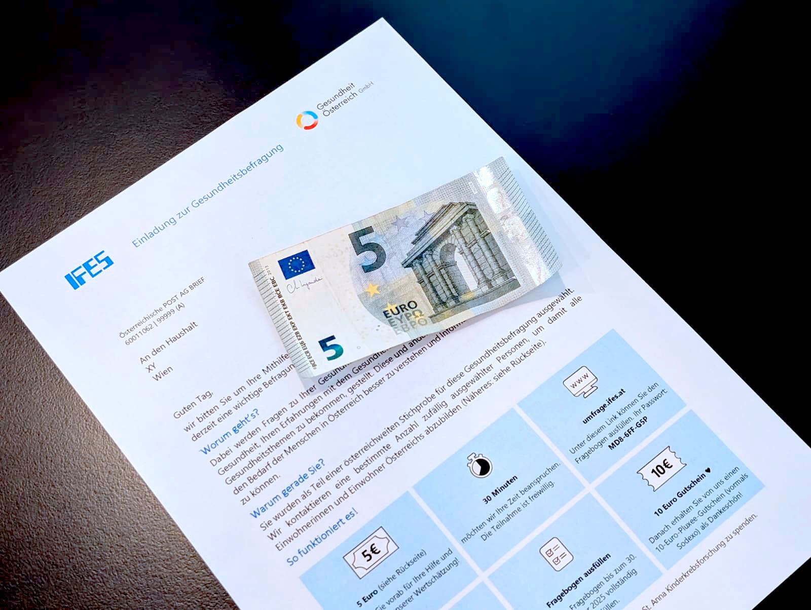 Im Auftrag des Gesundheitsministeriums werden 5.000 Österreicher gebeten, an einer Studie teilzunehmen. Als Dankeschön für die 