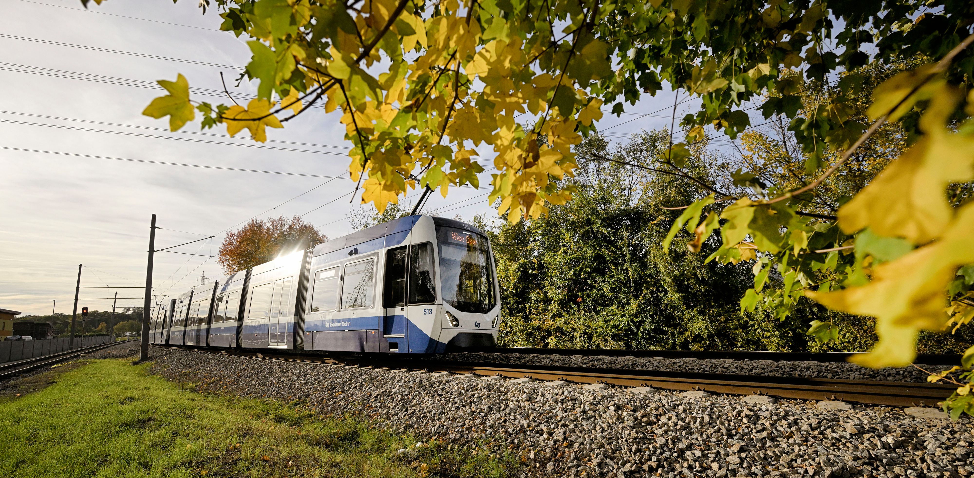 Der niederflurige Straßenbahntriebwagen TW500 samt Garnitur im Herbst 2025.