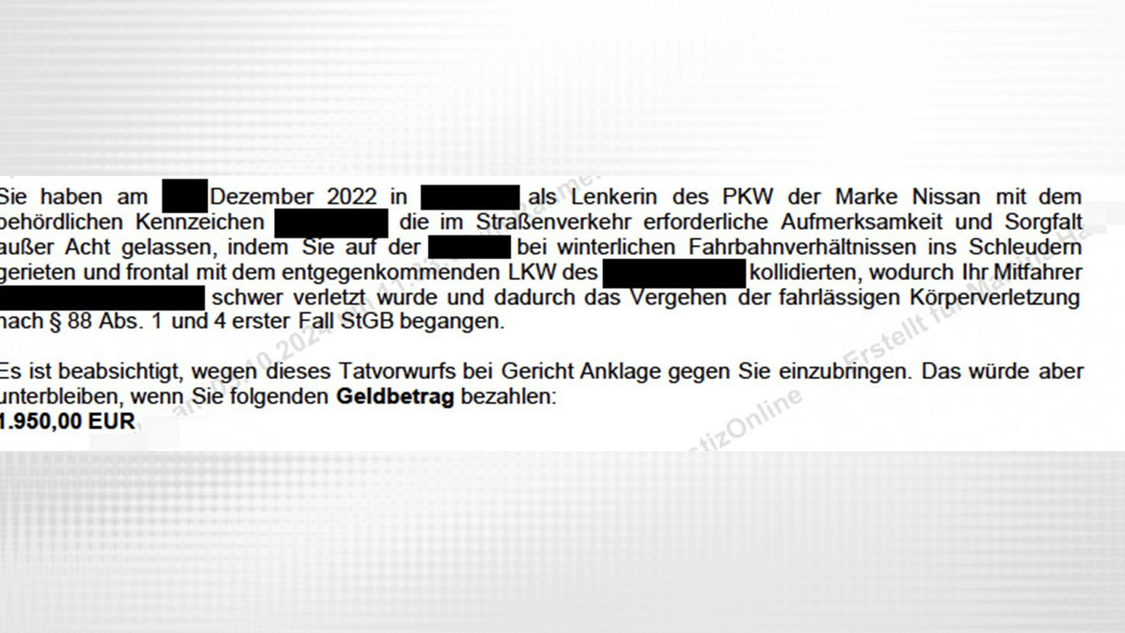 Die Unfall-Verursacherin musste nur 1.950 Euro Geldbuße zahlen.