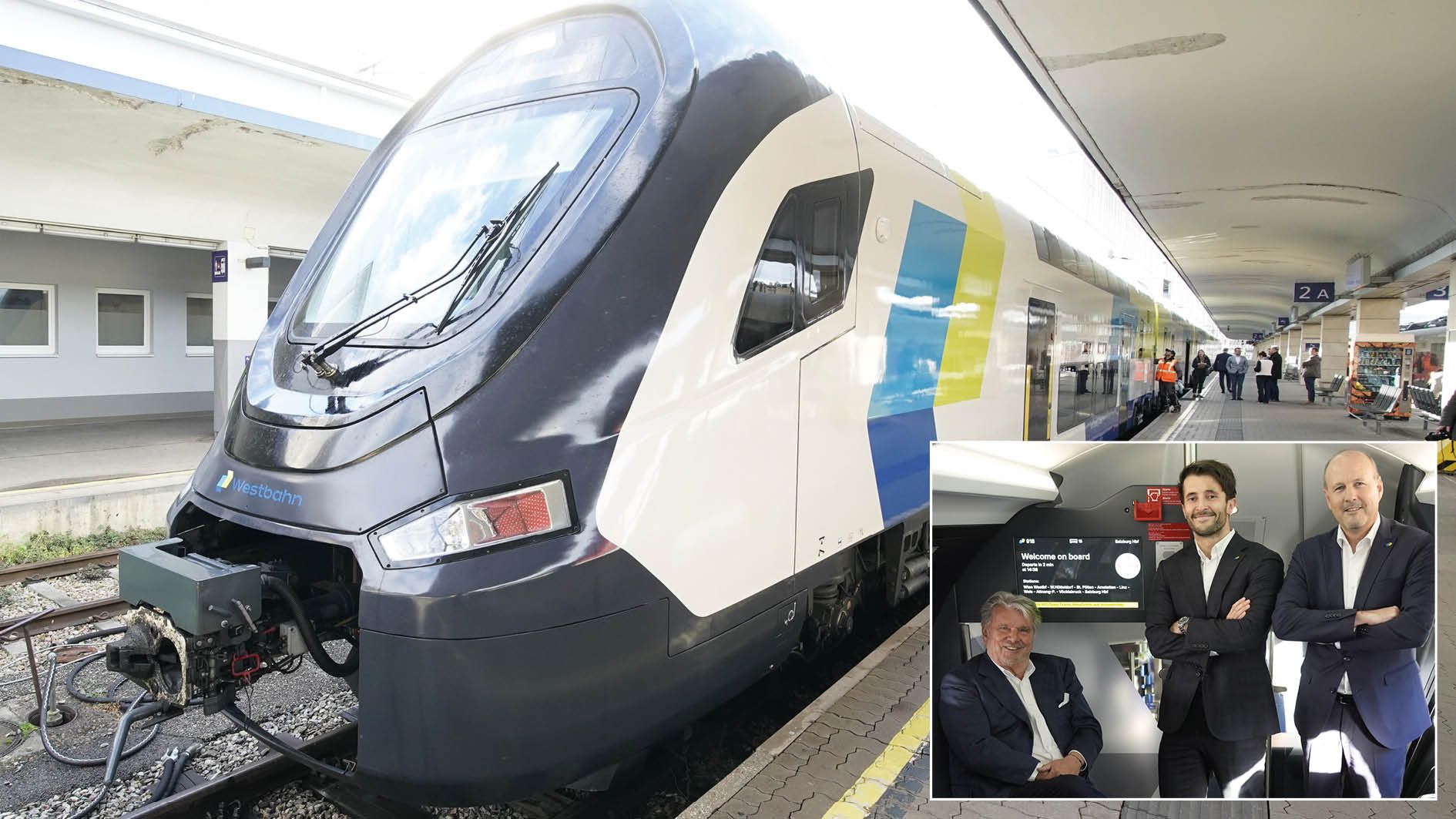 Einer der neuen China-Züge auf dem Wiener Westbahnhof: Westbahn-Haupteigentümer Hans Peter Haselsteiner mit den Geschäftsführern Macro Ramsbacher und Thomas Posch (v.l.)