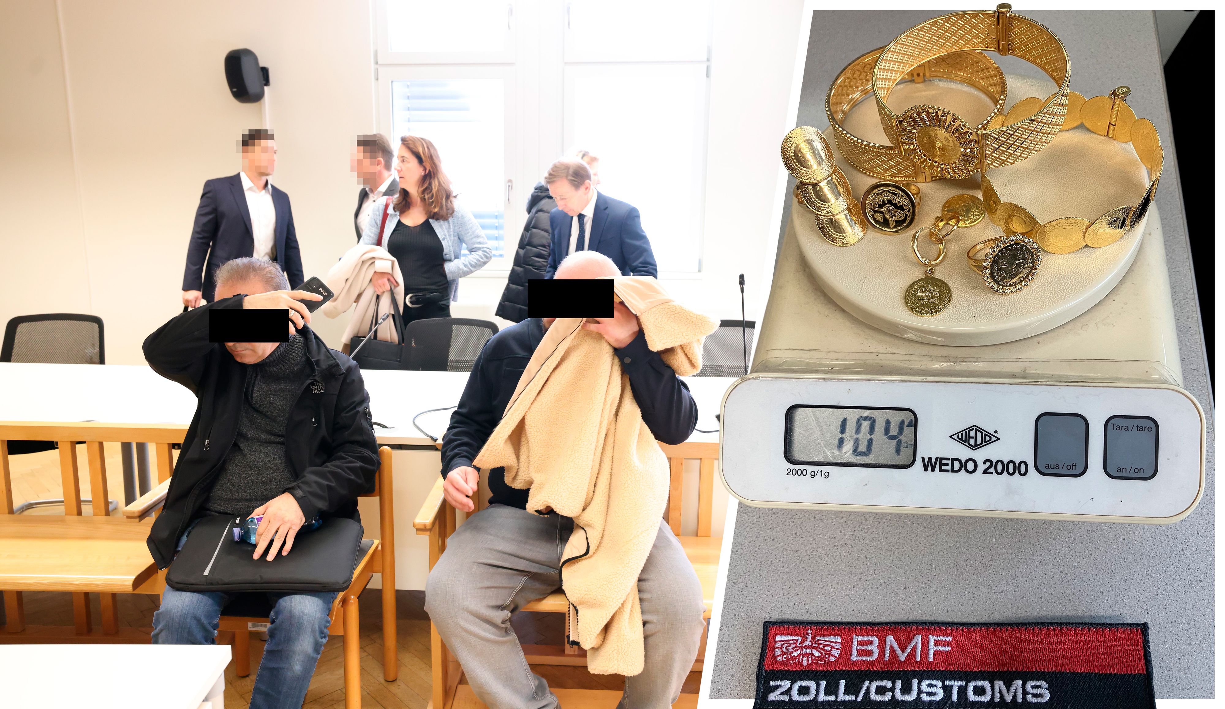 Zwei der Angeklagten (56, 34), dahinter die Anwälte Anita Schattner und Rudi Mayer; sichergestellter Goldschmuck vom Zoll.