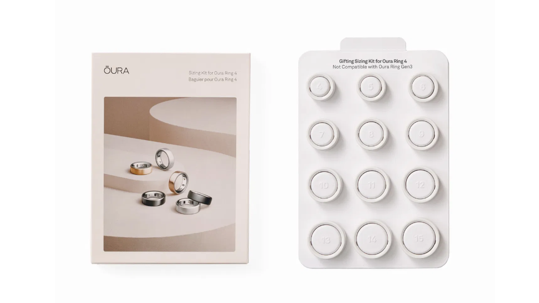 Größenset: Testset mit robusten Kunststoffringen in verschiedenen Größen. Die Ringe sollten mindestens 24 Stunden getragen werden, um die passende Größe des Smart Rings zuverlässig zu bestimmen.