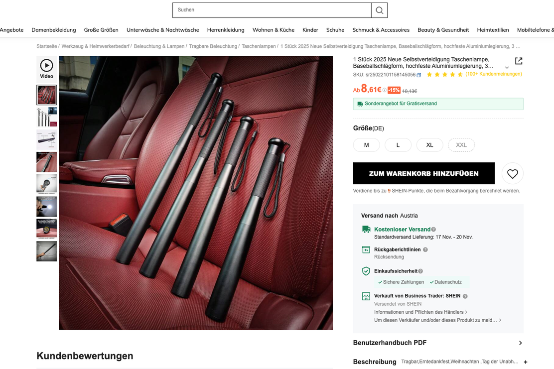 Auch das wird im Marketplace von Shein angeboten: Schlagstöcke in verschiedenen Größen. Frankreich sperrt jetzt den kompletten Online-Zugang