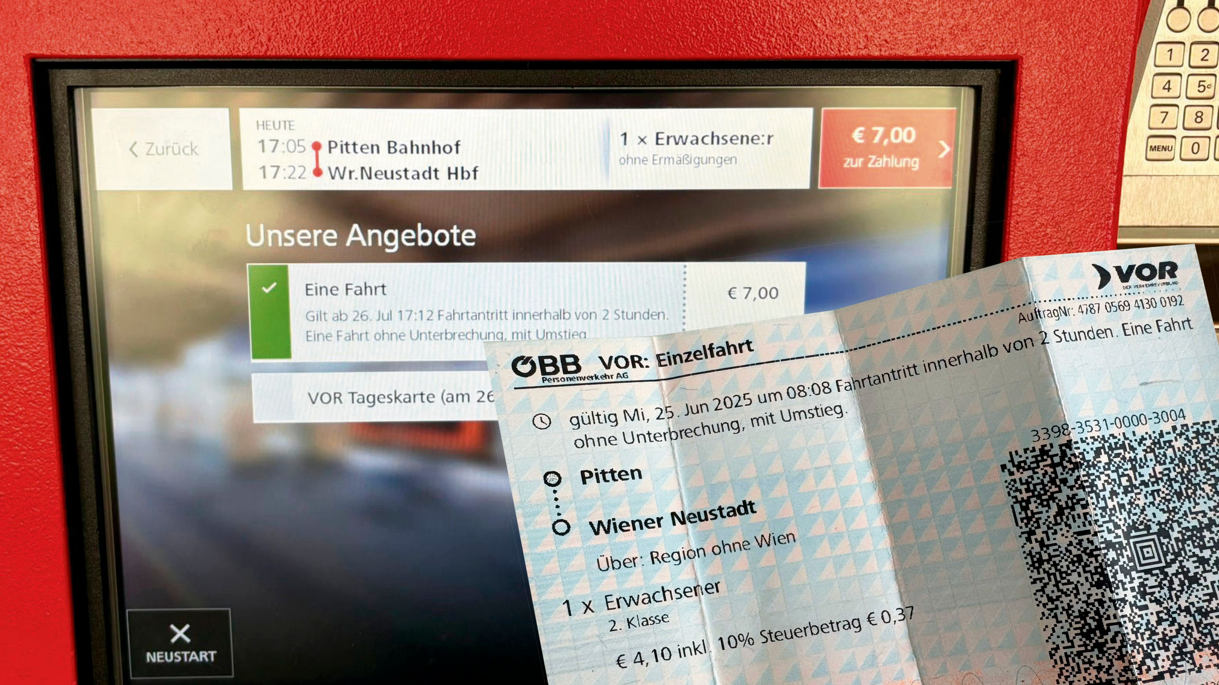 Unterschiedlicher Preis: 7 Euro am Automaten; 4,20 Euro beim ÖBB-Schalter