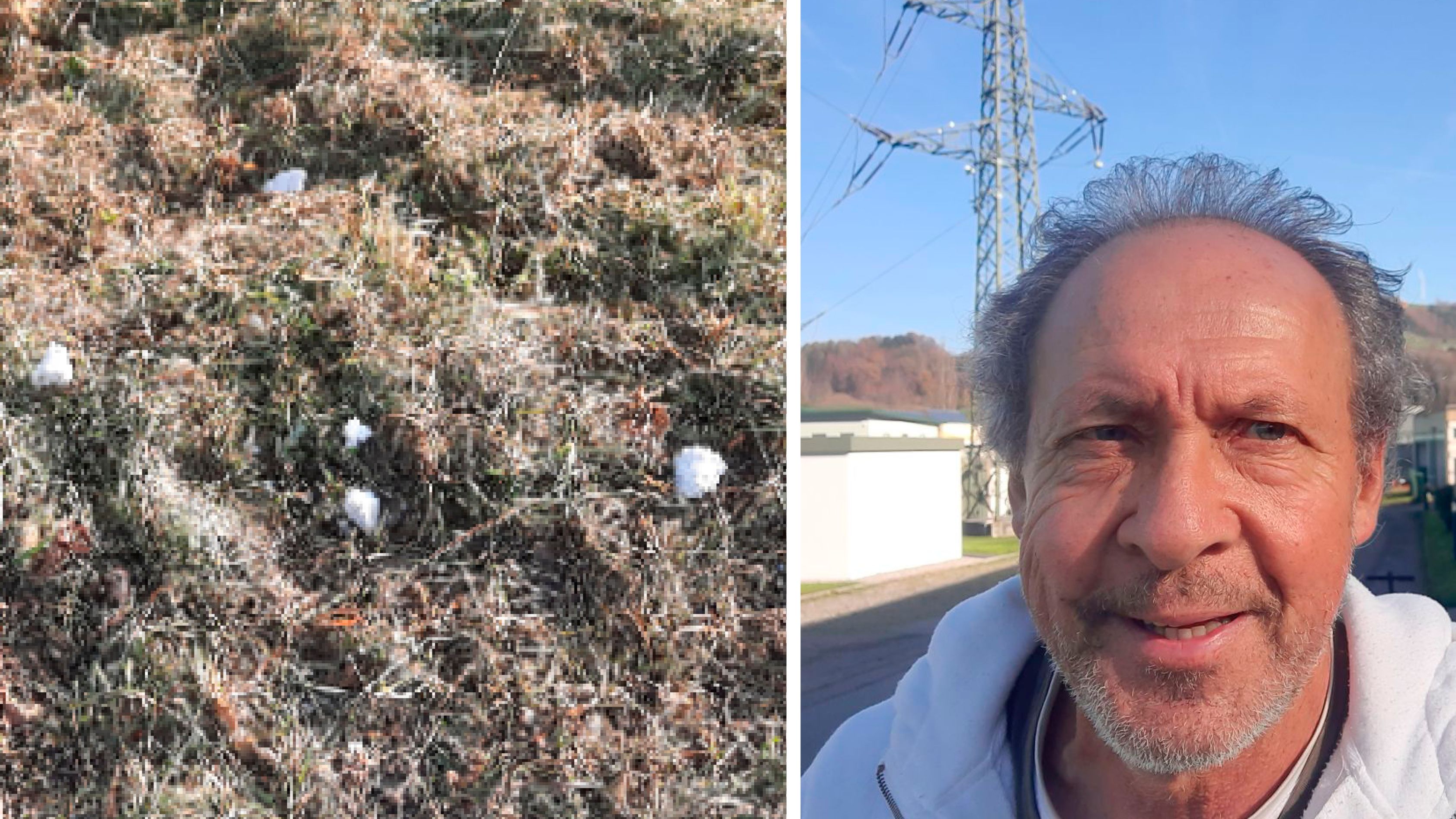 Der ehemalige Gemeinderat Klaus Reiter (r.) beschwert sich wegen Styropor-Teilen an der B18 in Wiesenfeld.