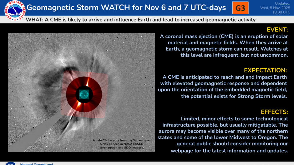 "Eine koronale Massenauswurf (CME) wird voraussichtlich bereits am Donnerstagabend, dem 6. November EST [etwa Mitternacht europäischer Zeit], auf die Erde treffen", sagen die Weltraumwetter-Experten.