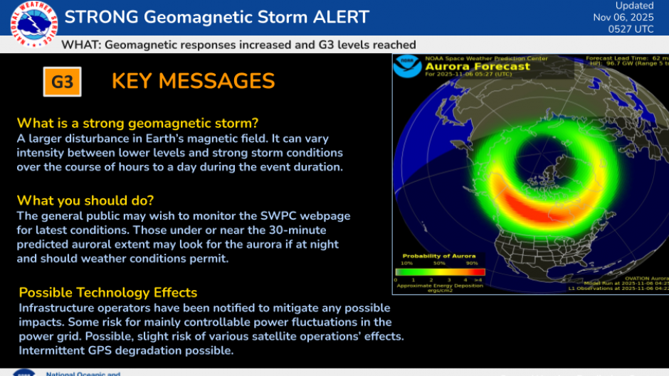 Schon Donnerstagfrüh ließ ein Sonnensturm der Klasse G3 über Kanada und den USA Nordlichter tanzen.