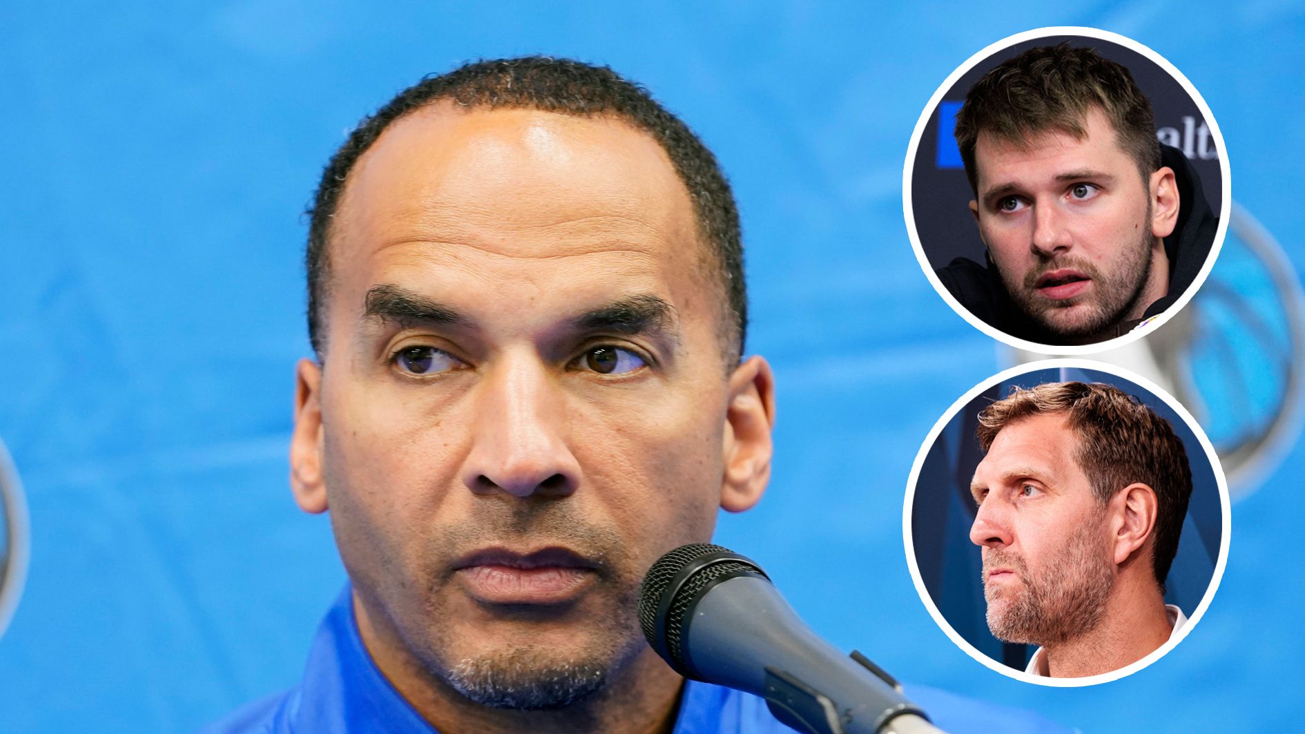 Nach dem Trade von Luka Doncic (r., o.) wurde Ex-Mavs-GM Nico Harrison (l.) unter anderem von Klub-Legende Dirk Nowitzki (r., u.) kritisiert.