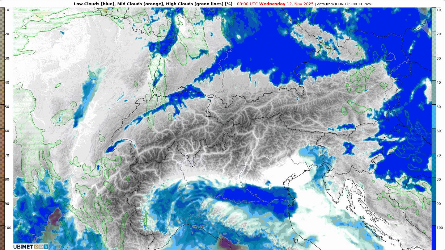 Eine aktuelle Nebelprognose (in Blau) für Mittwochvormittag vom ICON-D2-Modell.