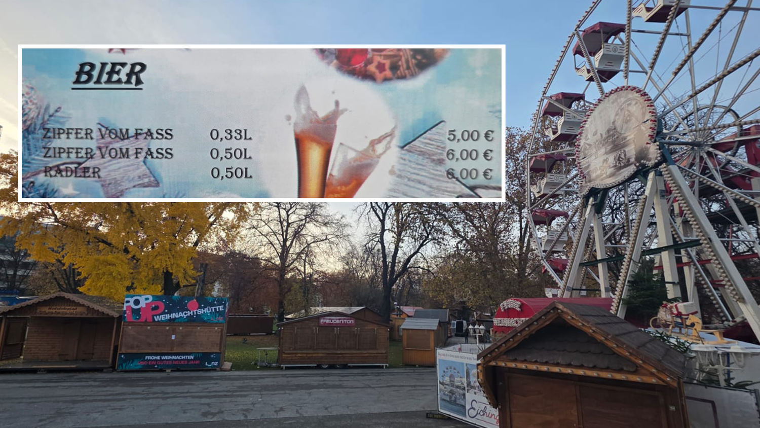 Der Christkindlmarkt im Volksgarten wird schon aufgebaut – auch erste Preislisten hängen schon.