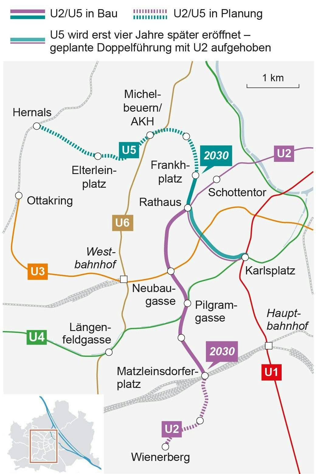 4 Jahre Verspätung: Erst ab 2030 startet die neue U-Bahn-Linie U5 und die Züge der U2 werden auf neuer Strecke bis zum Matzleinsdorfer Platz fahren