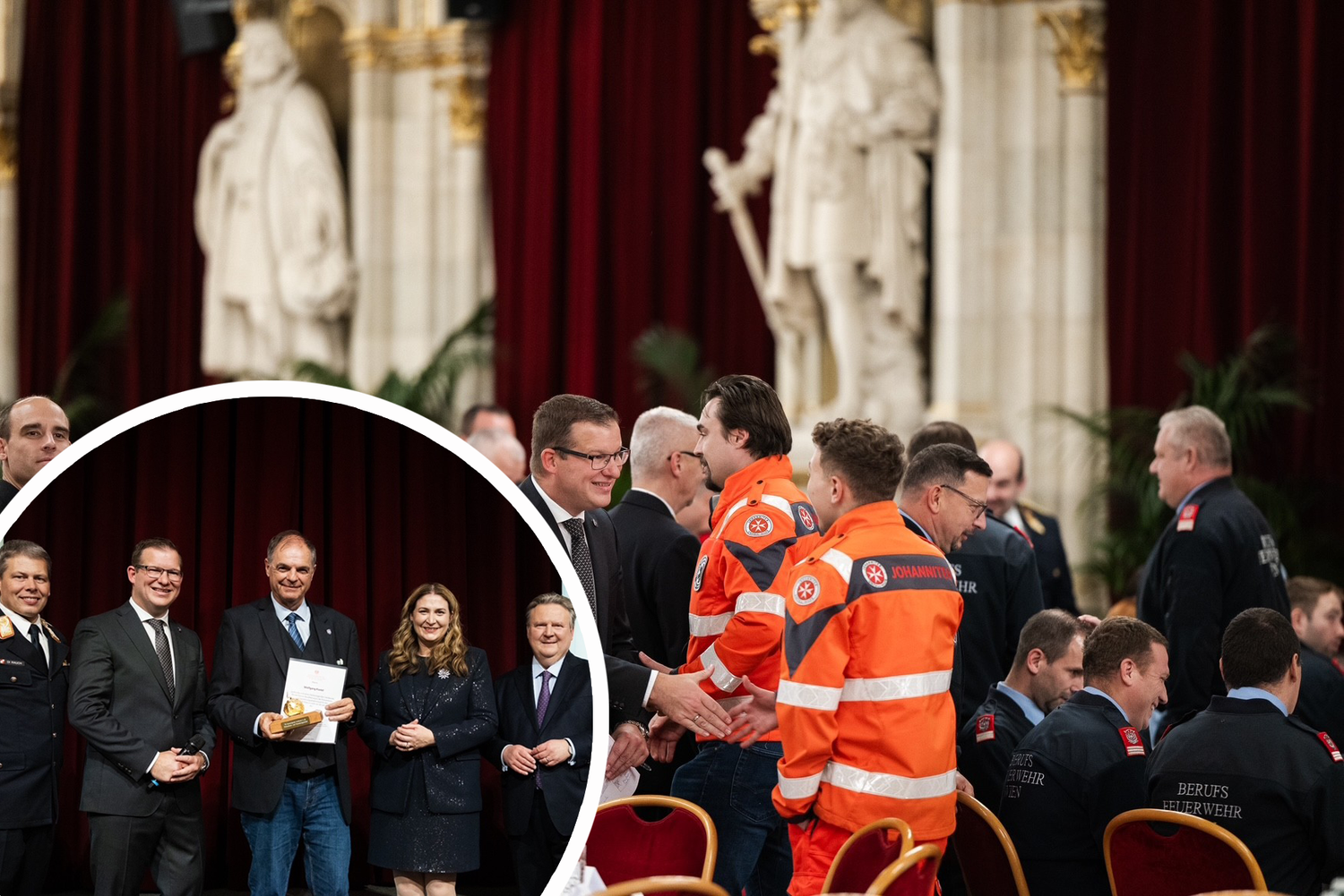 Branddirektor Mario Rauch, Dominik Zeidler (Helfer Wiens), Wolfgang Kastel (Helfer Wiens), Feuerwehrstadträtin Barbara Novak , Bürgermeister Michael Ludwig ehrten die Helfer Wiens.