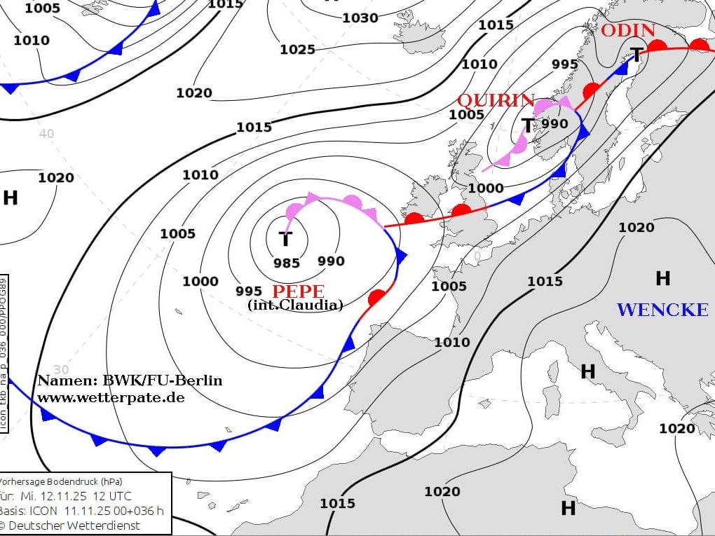Von den Azoren bis nach Skandinavien liegt eine Reihe an Tiefdruckgebieten. An deren Ostrand liegt der Alpenraum unter Hochdruckeinfluss.