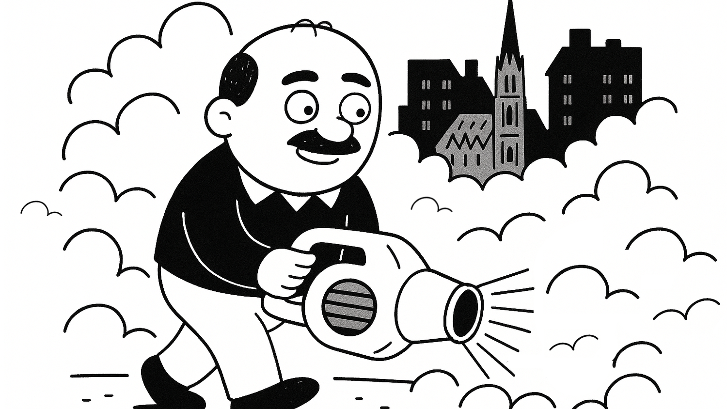 Komischer Kauz: Herlicek fräst sich mit einem seltsamen Gerät einen Weg durch den Wiener Nebel.