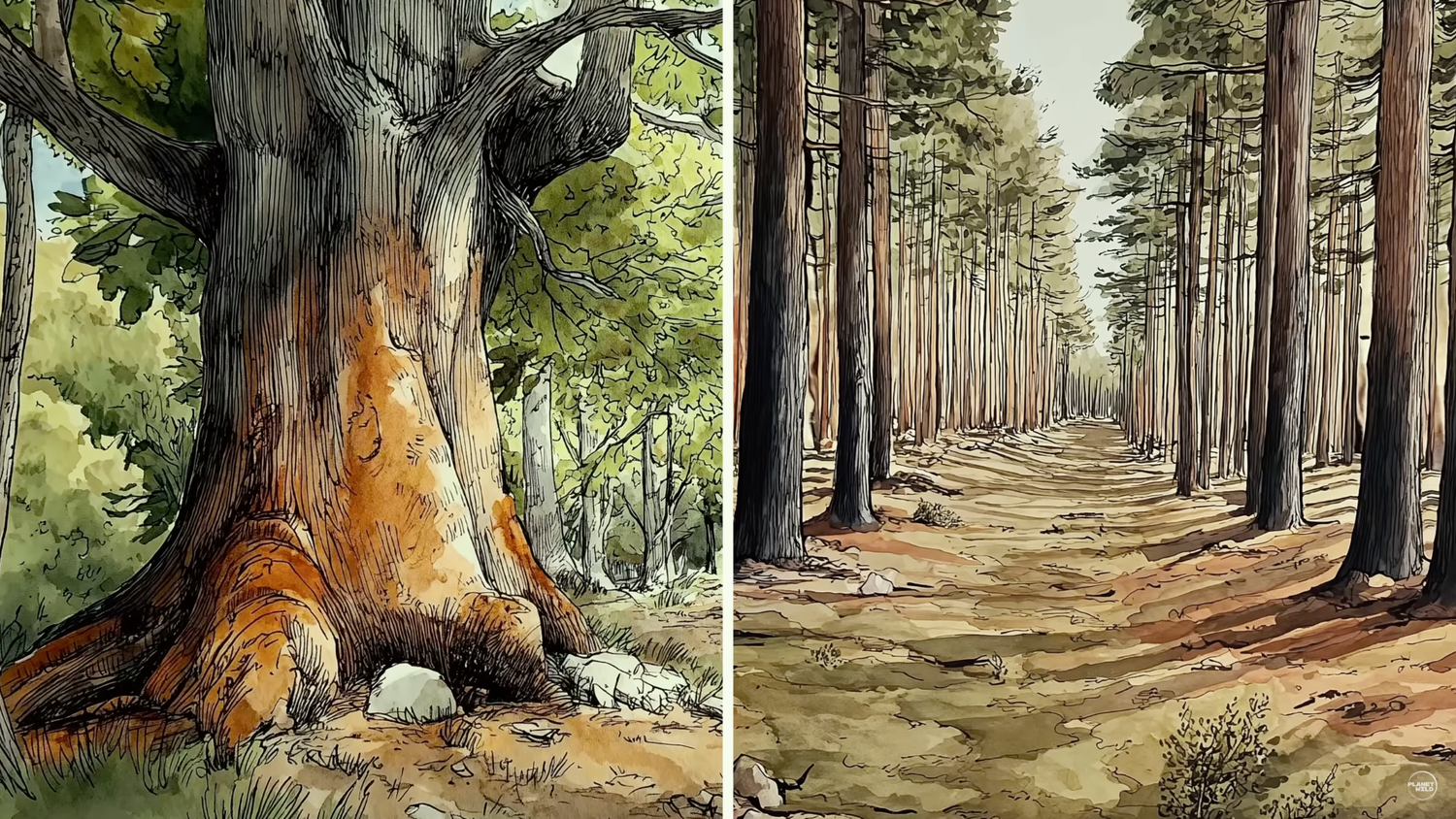 Das grundlegende Problem: Urwald-Bäume (l.) liefern robusteres Holz für große Möbel – und deren Rodung ist auch noch deutlich billiger als eine Nutzwald-Monokultur (r.), erklären die Umweltschützer von "Planet Wild" in ihrem Video zu "Mission 31".