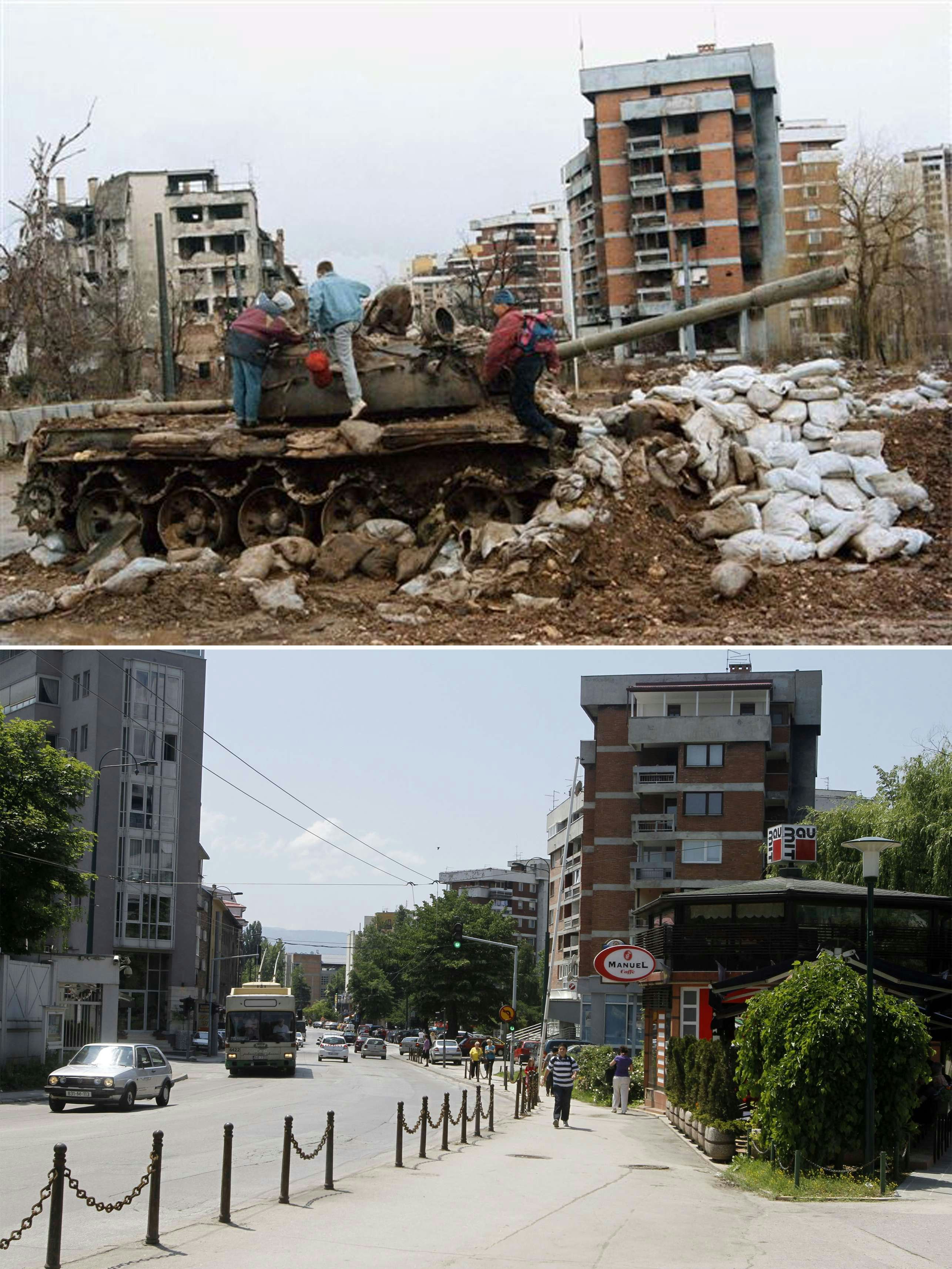 Bildvergleich: Eine Straße im Stadtteil Kovačići 1996 (oben) und 2011 (unten).