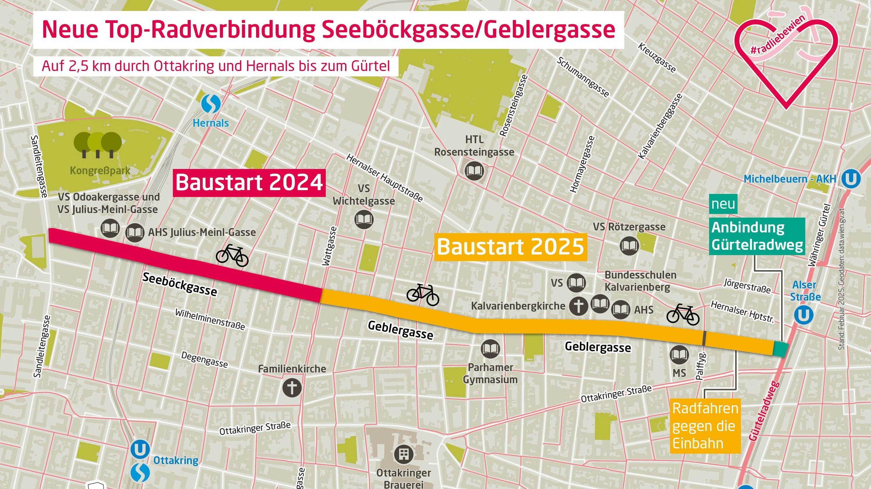 Kartengrafik der 2,5 km langen neuen Fahrradstraße in der Seeböck- und Geblergasse