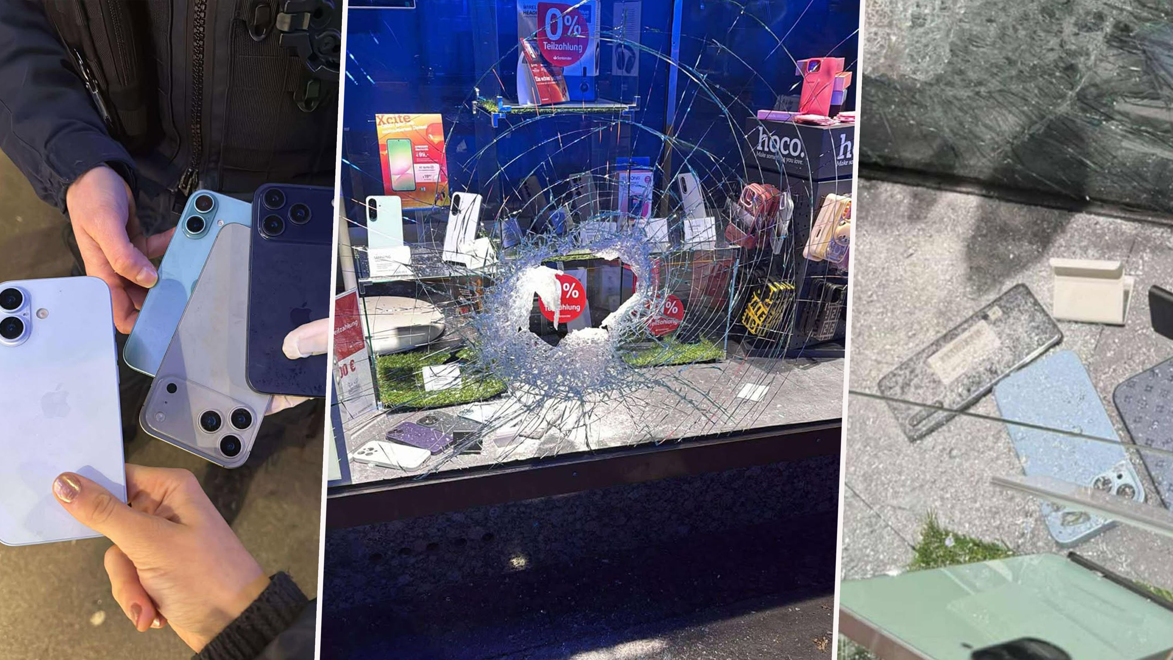 Völlig verwüstet ist jetzt die Scheibe des Handyshops in Hernals.