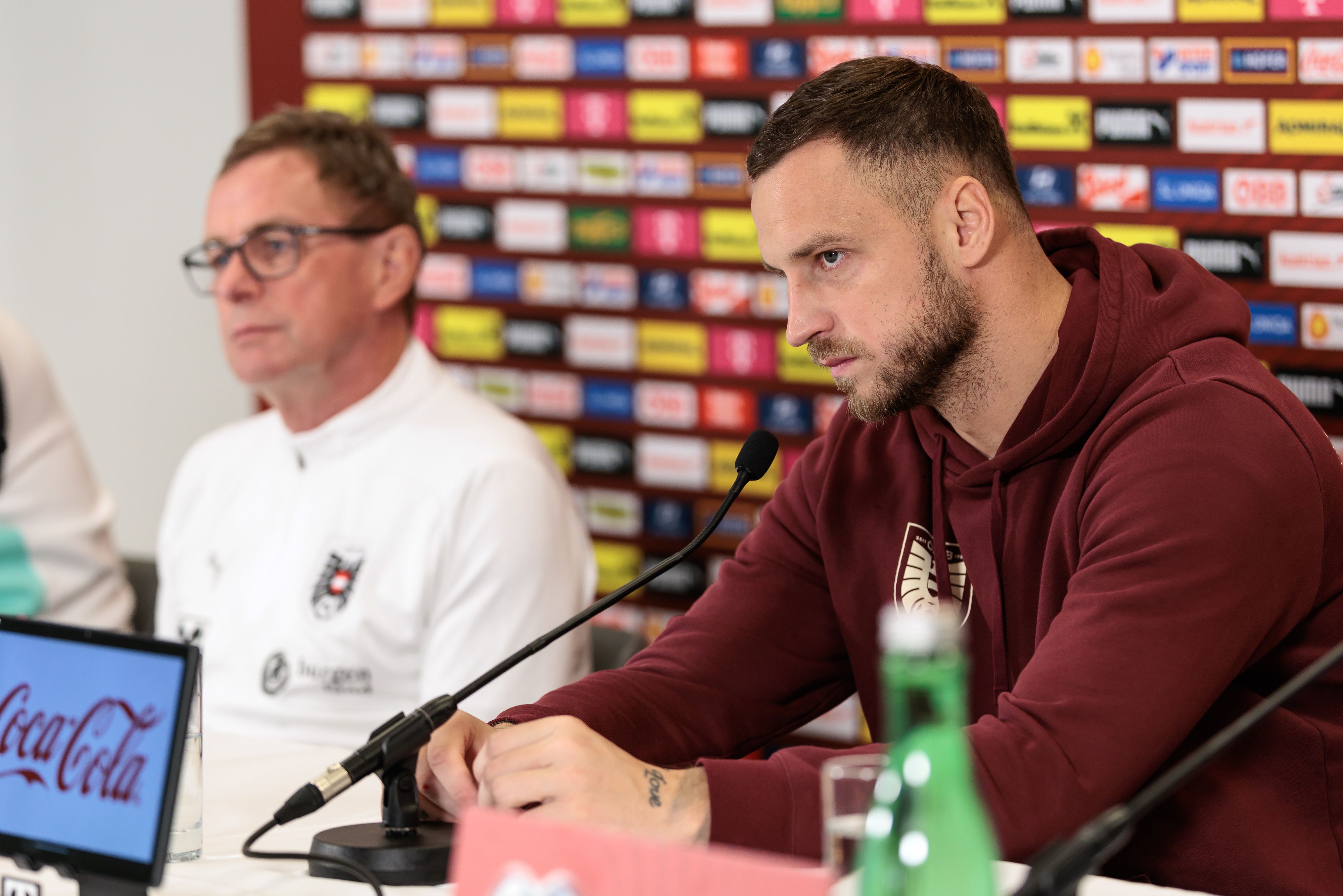 Marko Arnautovic (r.) und Teamchef Ralf Rangnick (l.) möchten beide zum ersten Mal zu einer WM fahren.