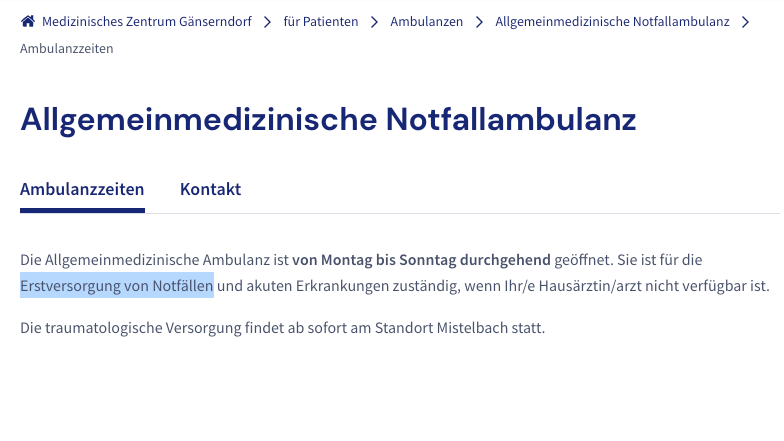 Auszug der Website des Medizinischen Zentrums Gänserndorf