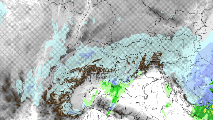 Am Donnerstag sowie in der Nacht auf Freitag fällt zeitweise etwas Schnee (in blau dargestellt). Die Schneefallgrenze pendelt zwischen tiefen Lagen und etwa 700 m im Südosten.