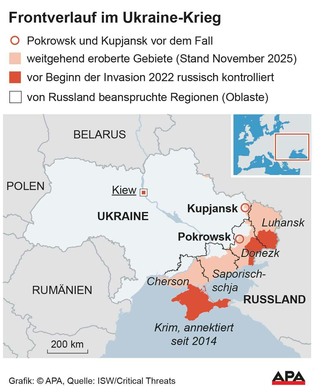 Obwohl nicht zur Gänze von russischen Truppen kontrolliert, sieht ein Geheimplan nun vor, dass die Ukraine die Oblaste im Osten an den Feind abtreten muss. Die dunkelrot markierten Gebiet waren bereits vor der Invasion unter russischer Kontrolle, die hellroten Gebiete sind weitgehend erobert.