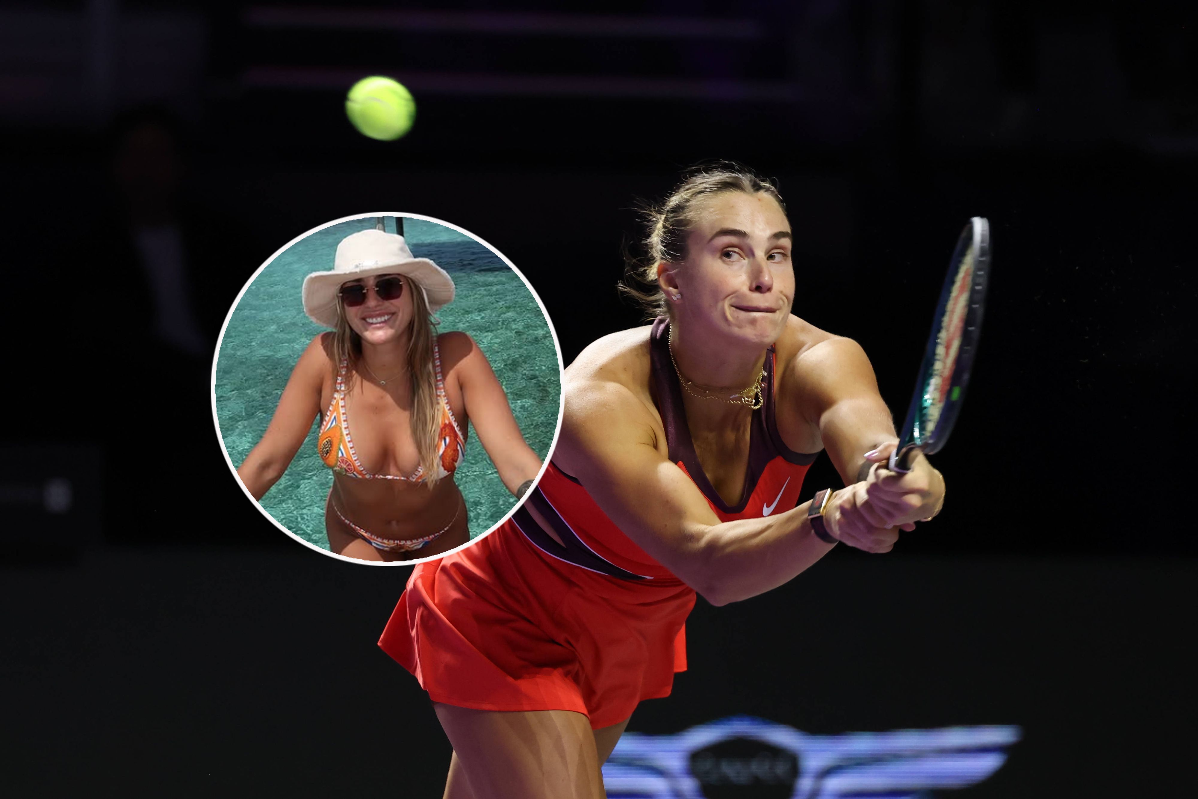 Aryna Sabalenka im Freizeit-Look und im Arbeitsgewand (r.)