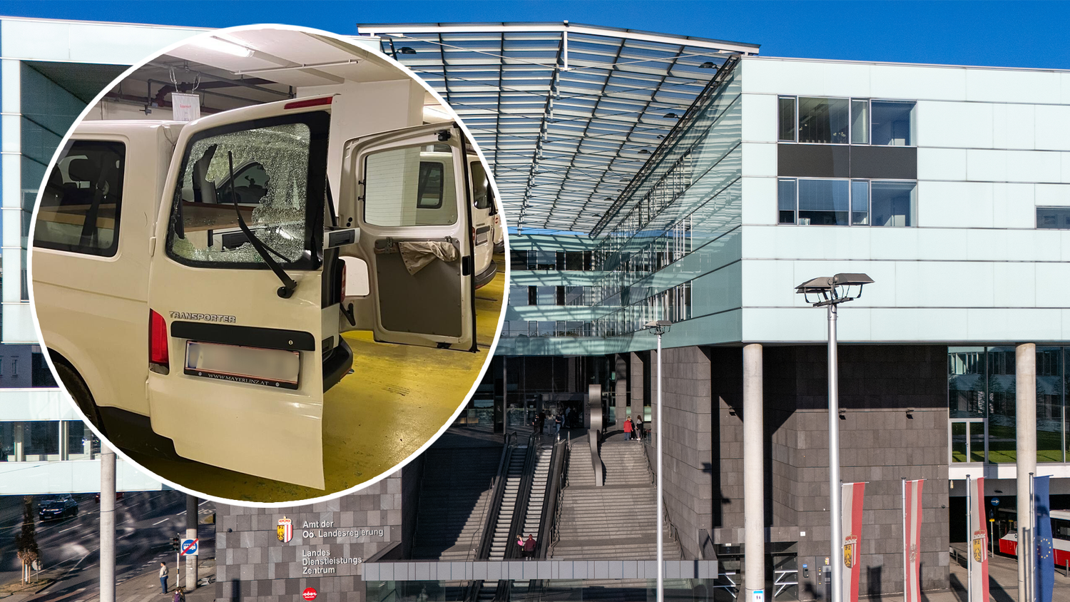 In der Tiefgarage des Landesdienstleistungszentrum wurden die Scheiben mehrerer Dienstautos eingeschlagen.