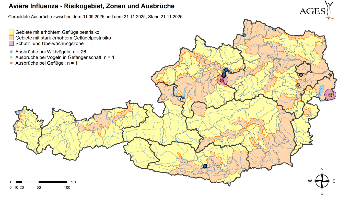 Vogelgrippe-Gefährdung in Österreich.