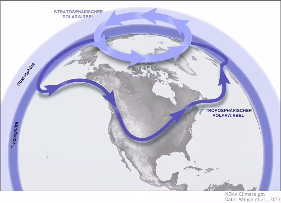Hier ist eine schematische Darstellung der stratosphärischen und troposphärischen Polarwirbel auf der Nordhemisphäre zu sehen.