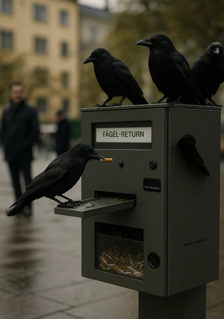 Ein schwedisches Start-Up hat angeblich eine Maschine entwickelt, die Krähen fürs Tschickstummel-Sammeln mit Futter belohnt (Symbolbild / KI-generiert)