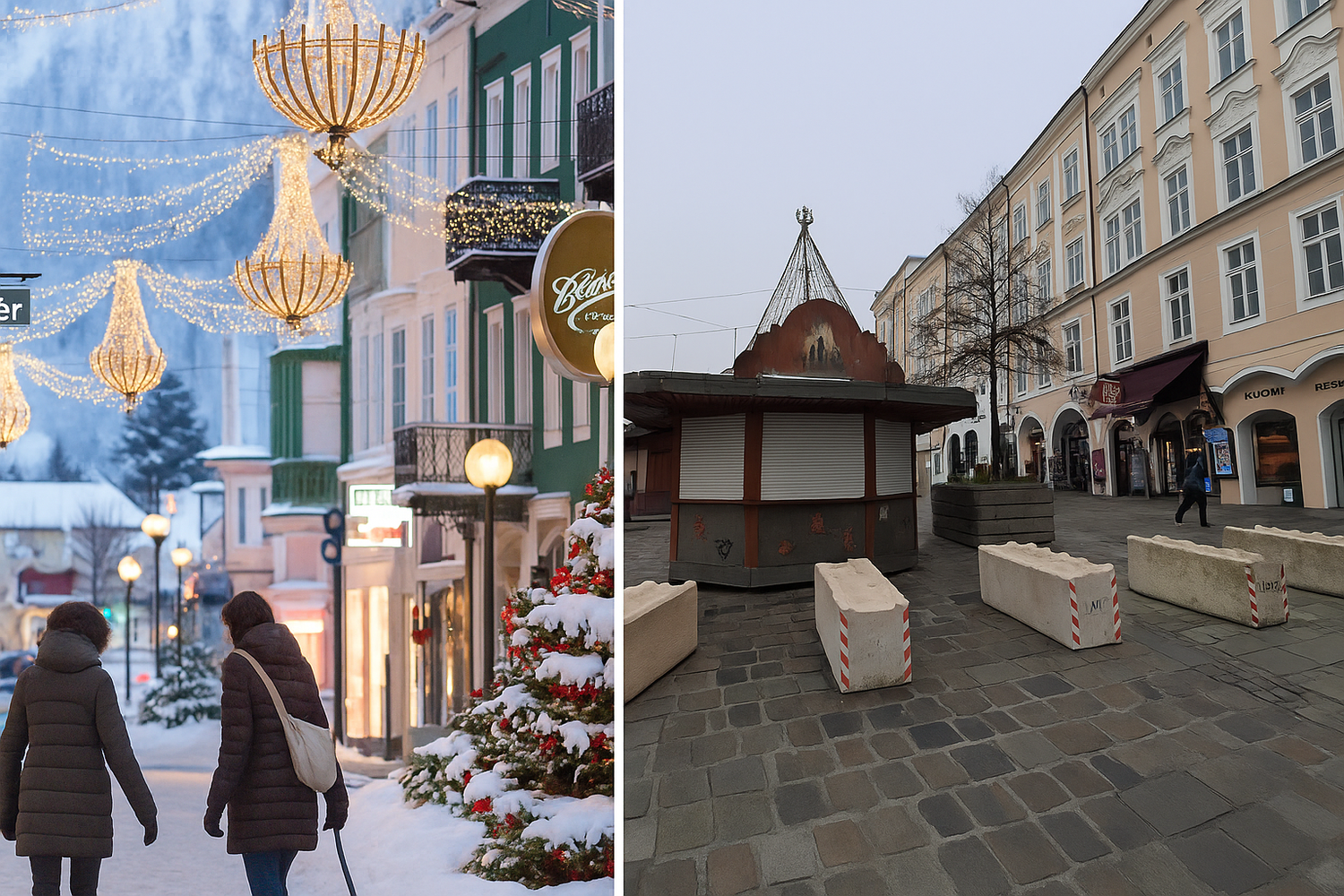 Die traditionellen Christkindlmärkte (li. Bad Ischl) starteten. In Linz sollen Betonsockel Anschläge verhindern.