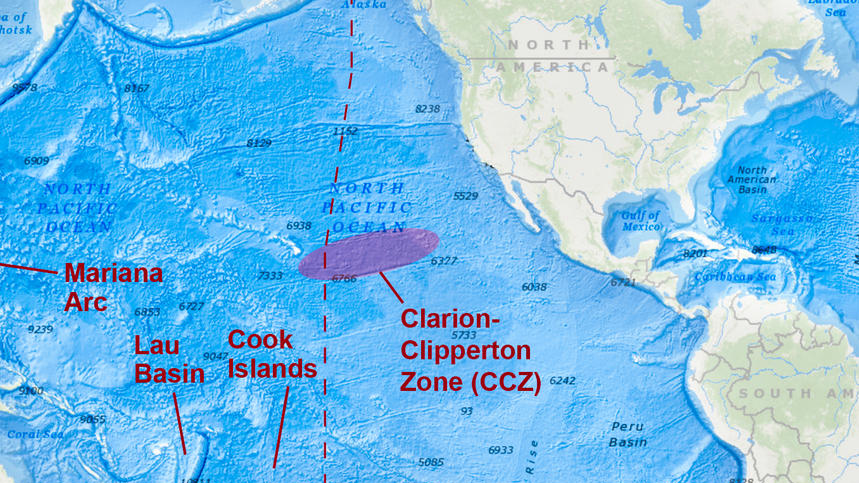 Lage der Clarion-Clipperton-Zone im östlichen zentralen Pazifik.