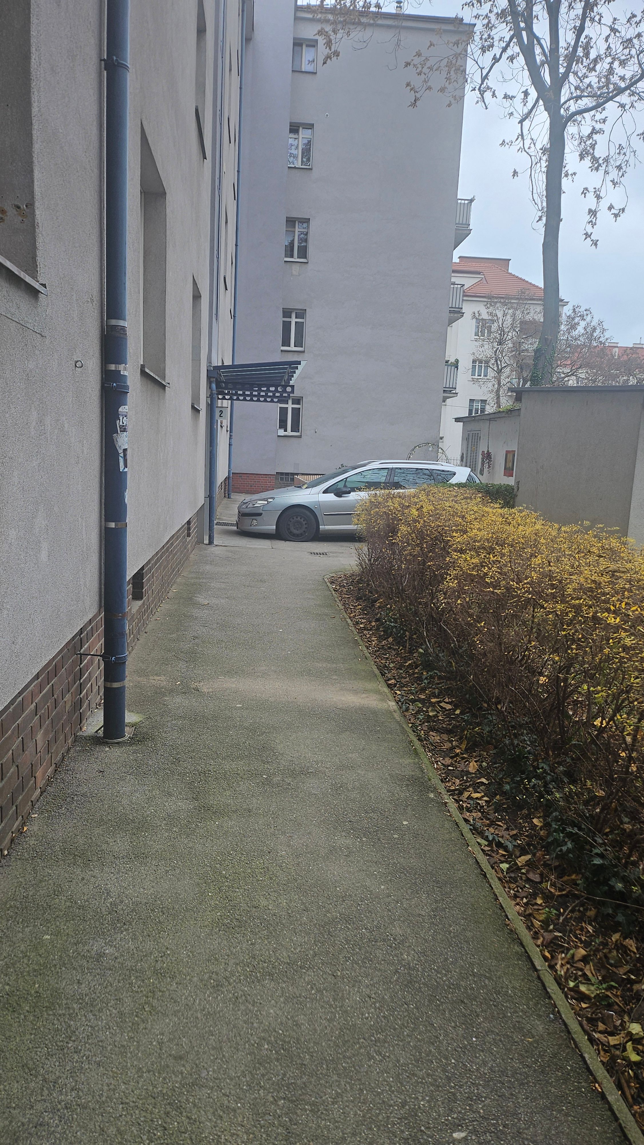Dieser Peugeot steht am Gehweg vor dem Eingang eines Wohngebäudes.