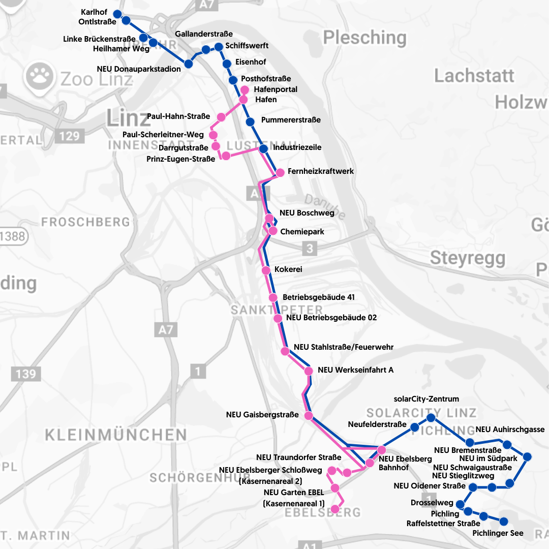 Die neuen Linien 13 (blau) und 14 (pink) sollen vom Linzer Süden bis nach Urfahr führen.