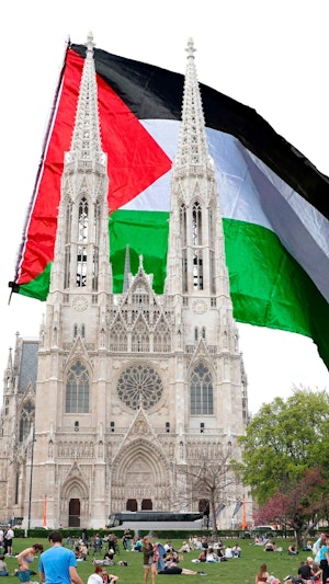 Demo-Chaoten hissen Palästina-Flaggen auf Votivkirche in Wien. Polizei bestätigt Vorfall bei Solidaritätsdemo. Flaggen werden entfernt.