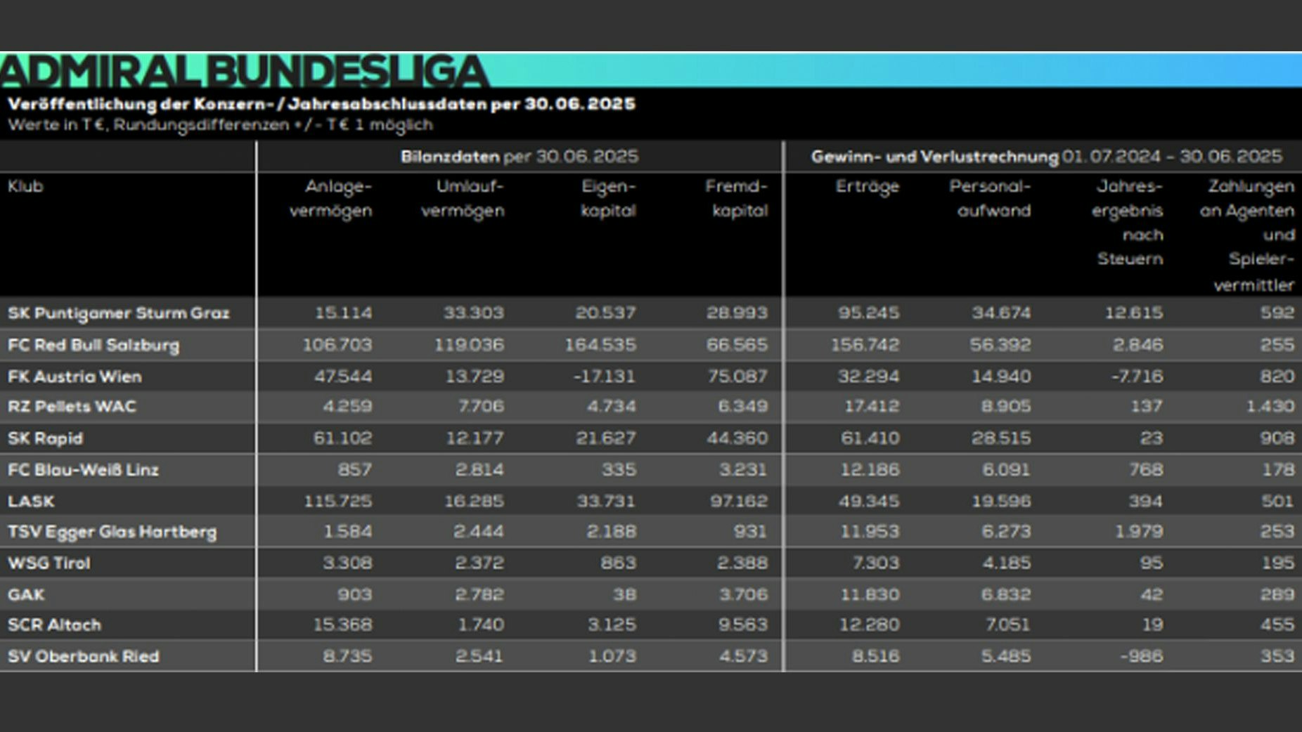Die Finanzkennzahlen der Bundesliga-Klubs: Saison 2024/25.