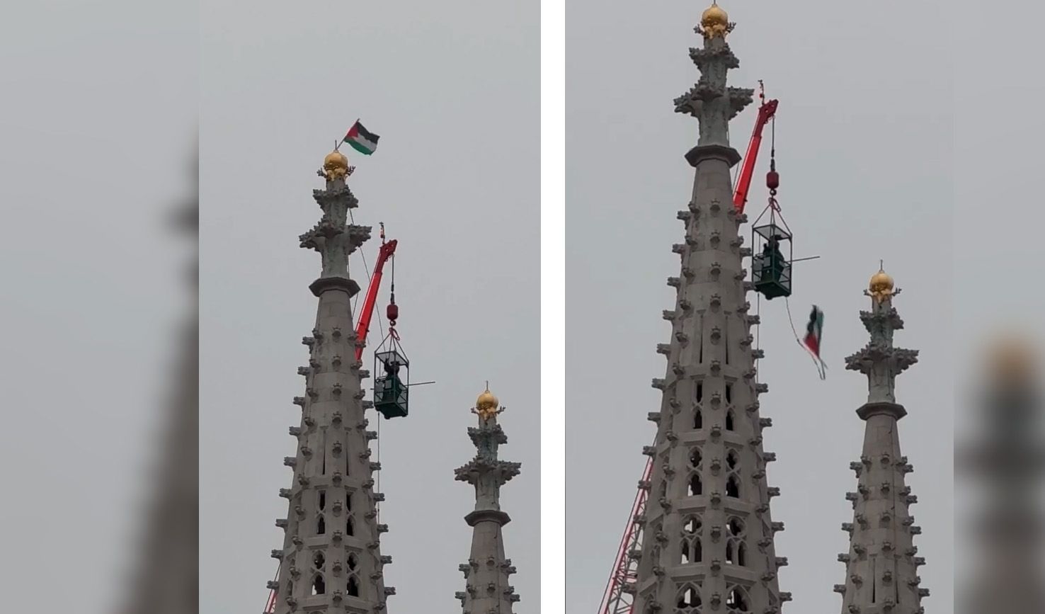 Am Dienstag gelang es Arbeitern, die Flaggen von den Turmspitze zu entfernen.