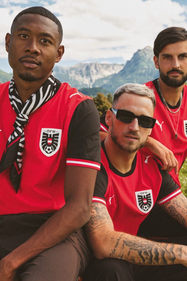 David Alaba, Marko Arnautovic und Florian Grillitsch in ihrer neuen Arbeitskleidung: "Das Halstuch finde ich süß!", sagt Designerin Marina Hörmanseder